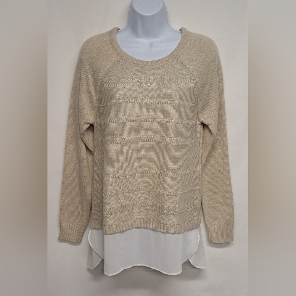 BCX Sweater Layered Look S Light Beige W Silver Metallic Threads White Trim